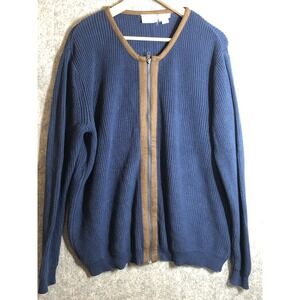 Vermont Country Store Sweater Mens Large Blue Full Zip Cotton Knit Leather Trim